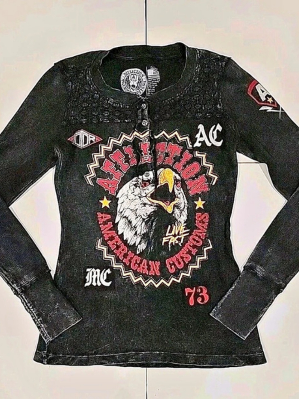 Affliction American Customs Eagle Lace Thermal Henley Black